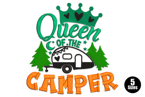 Queen of the Camper embroidery with teal crown, green pine trees, black retro caravan and bold orange block letters.