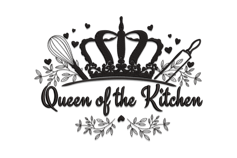 Machine embroidery design of Queen of the Kitchen text with a decorative crown, whisk, rolling pin and leaf sprigs all in solid black on white background