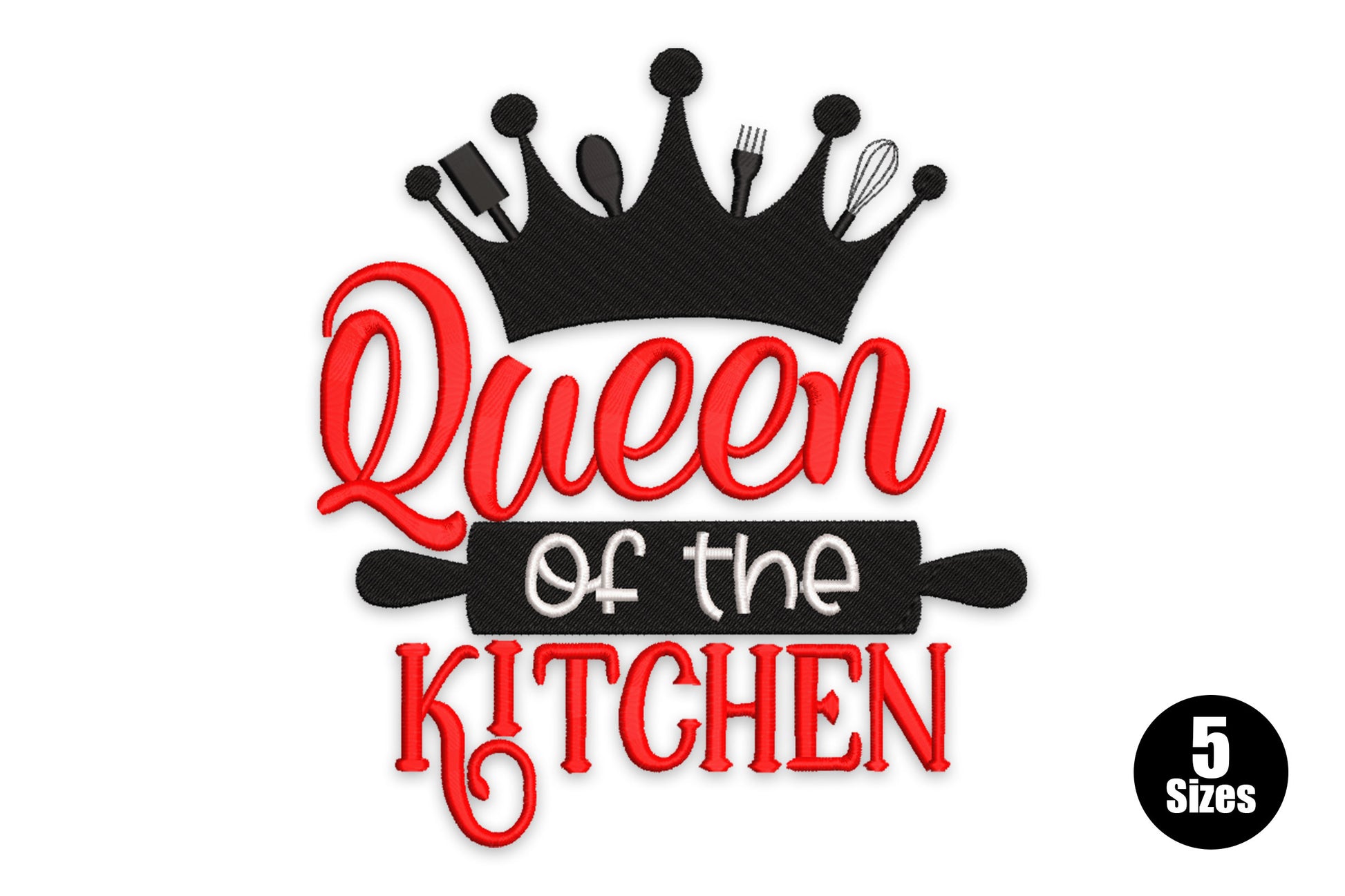 Queen of the Kitchen bold 3-colour typography embroidery design on white background with decorative lettering