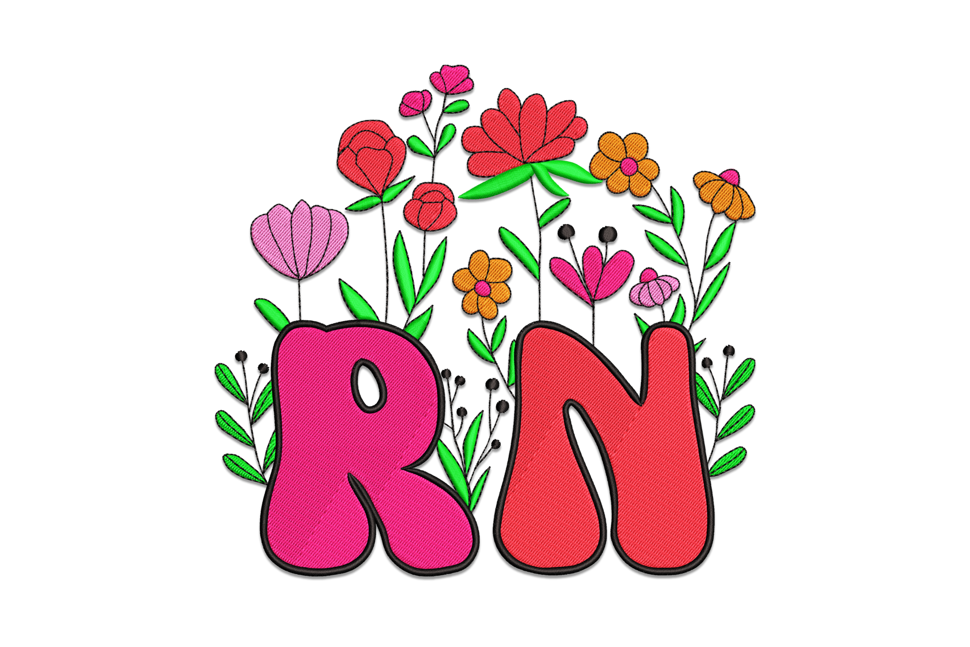 RN floral embroidery design with pink and red bubble letters surrounded by wildflowers in a garden arrangement
