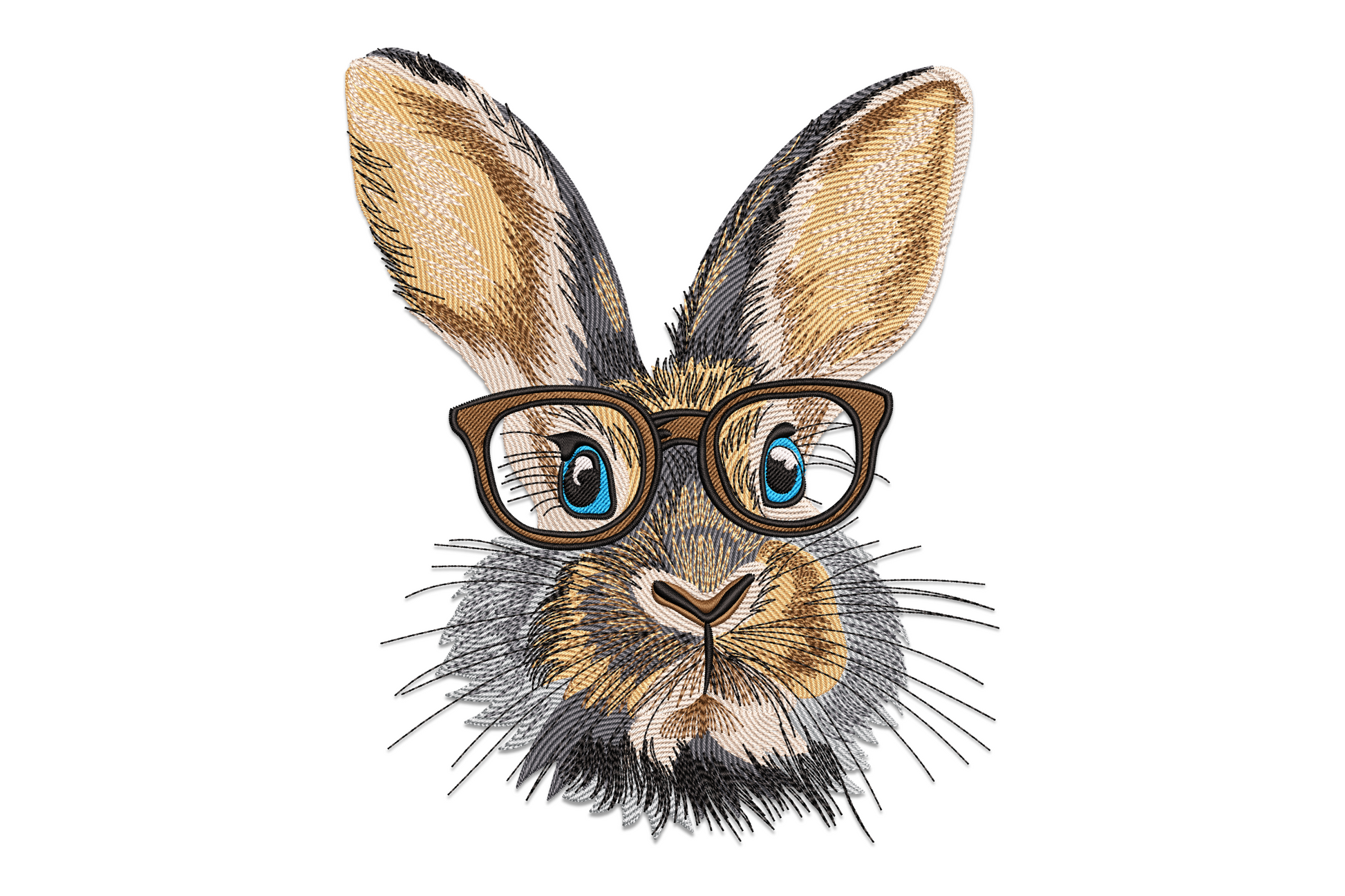 Embroidered rabbit face portrait wearing rectangular glasses, fur in tan and beige, blue eyes, dark brown frames