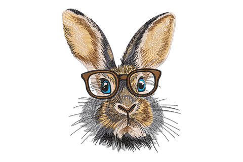 Embroidered rabbit face portrait wearing rectangular glasses, fur in tan and beige, blue eyes, dark brown frames