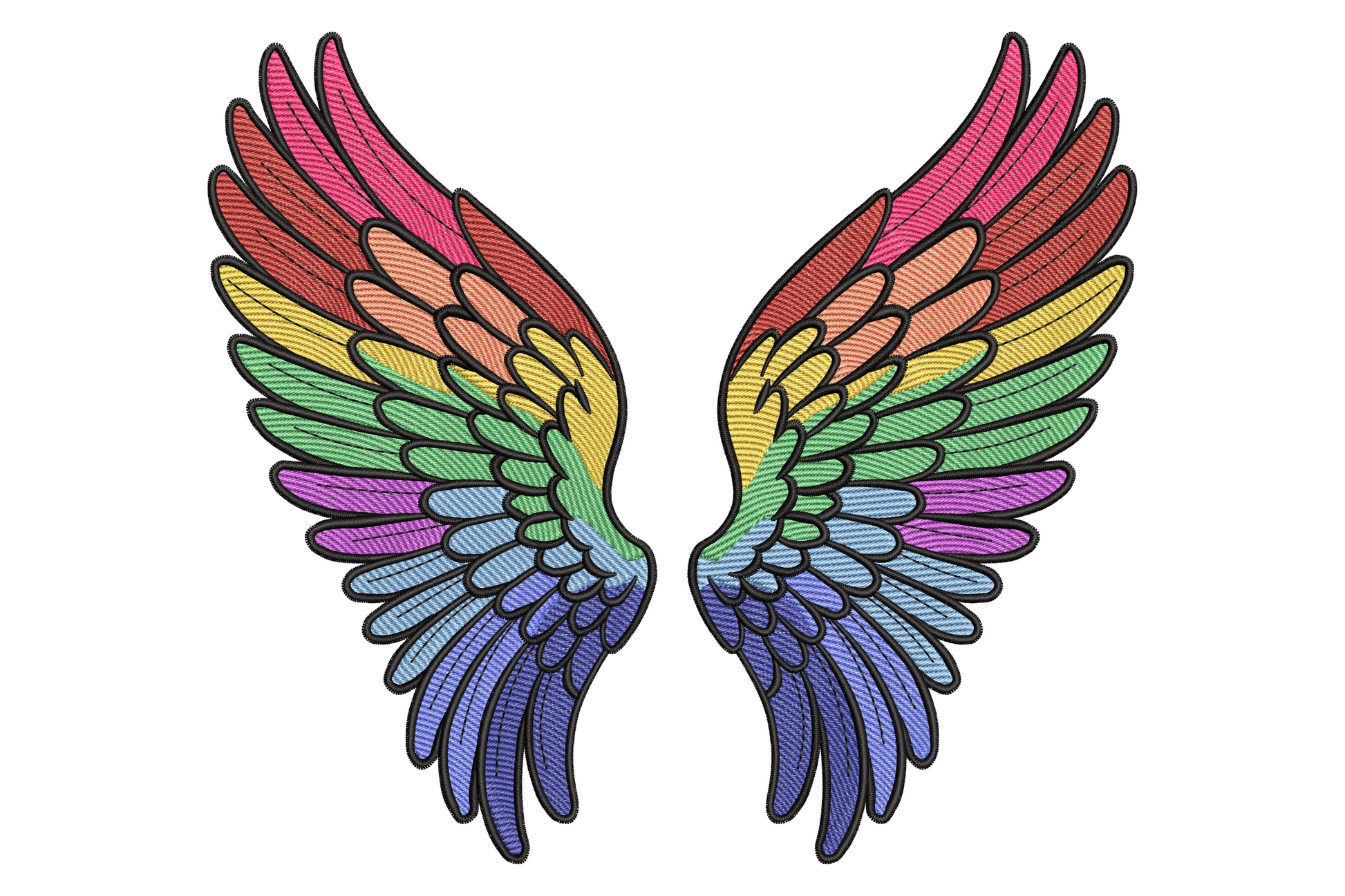 Rainbow angel wings embroidery design, mirrored pastel feathered wings in pink coral yellow mint green pastel blue and lavender layers with black outline.
