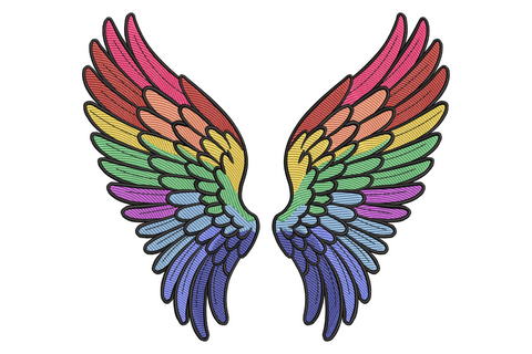 Rainbow angel wings embroidery design, mirrored pastel feathered wings in pink coral yellow mint green pastel blue and lavender layers with black outline.