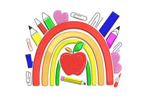 Rainbow arch teacher embroidery design with red, orange and yellow arcs, red apple and pencil at the base, school supplies radiating outward at the top.