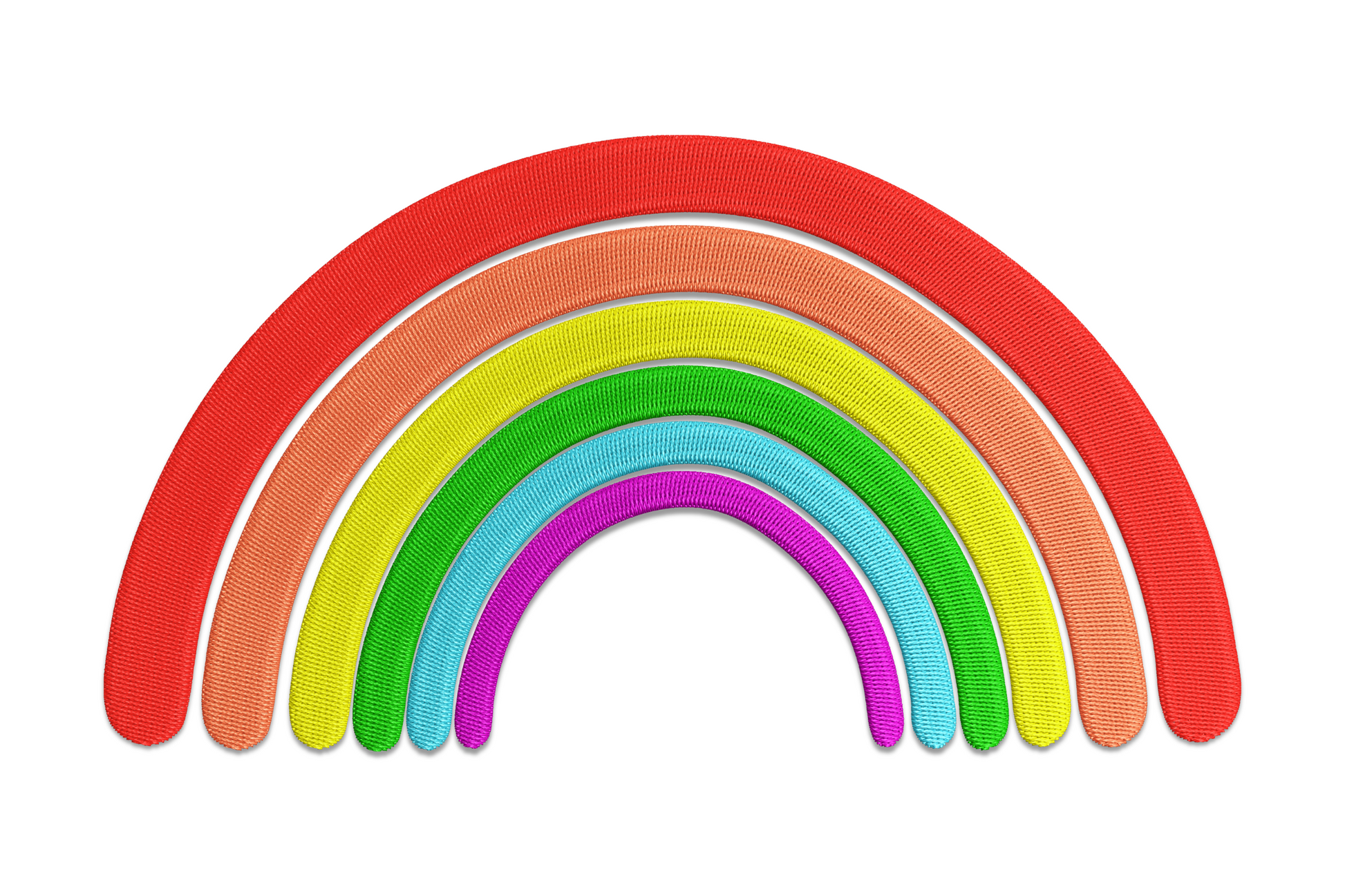 Rainbow arch embroidery design in 6 pastel bands from blush to lavender, narrow tall shape, 5 sizes up to 4 inches wide, nursery baby style.
