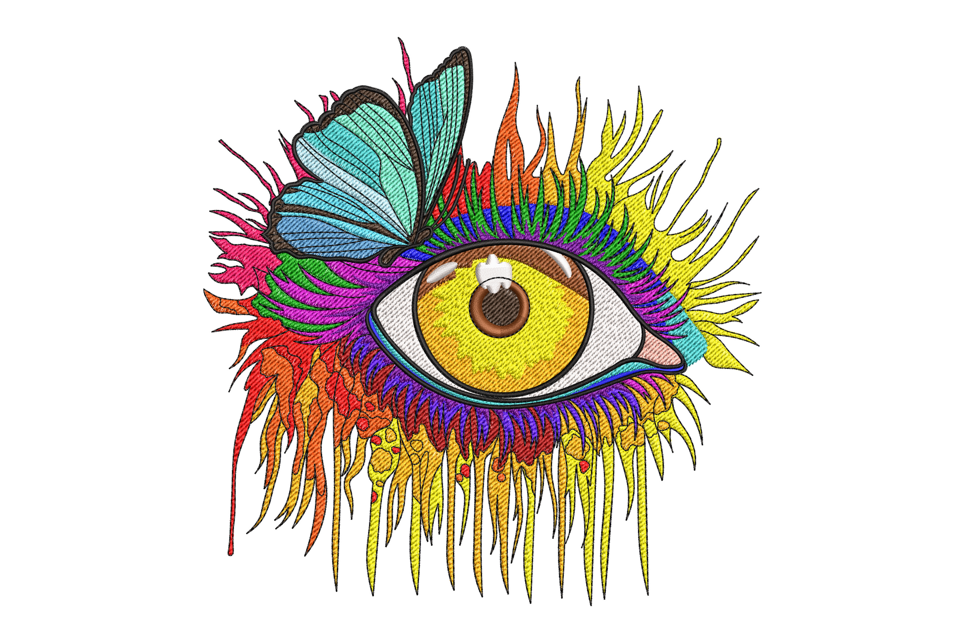 Rainbow artistic eye embroidery with amber iris, full-spectrum spike lashes in every colour and a teal butterfly perched on the upper lash arc.