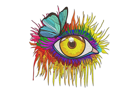 Rainbow artistic eye embroidery with amber iris, full-spectrum spike lashes in every colour and a teal butterfly perched on the upper lash arc.