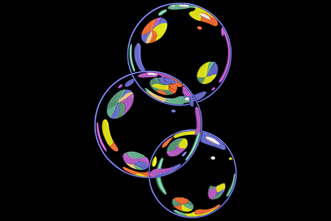 Rainbow bubble trio embroidery design with three navy outlined circles and rainbow petal swirls inside each bubble