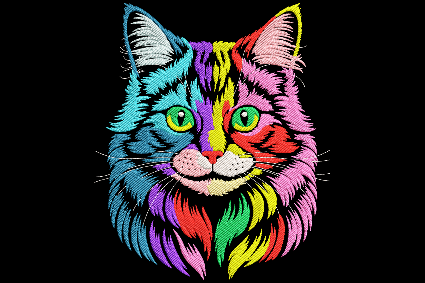 Rainbow cat head embroidery with fluffy fur sections in yellow, pink, red, violet, teal and sky blue colour blocks.