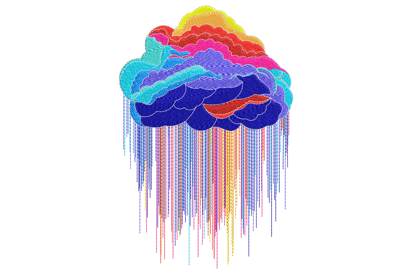 Fluffy white cloud with 7 rainbow colour drips melting below it in a spectrum from red to violet on a clean background.