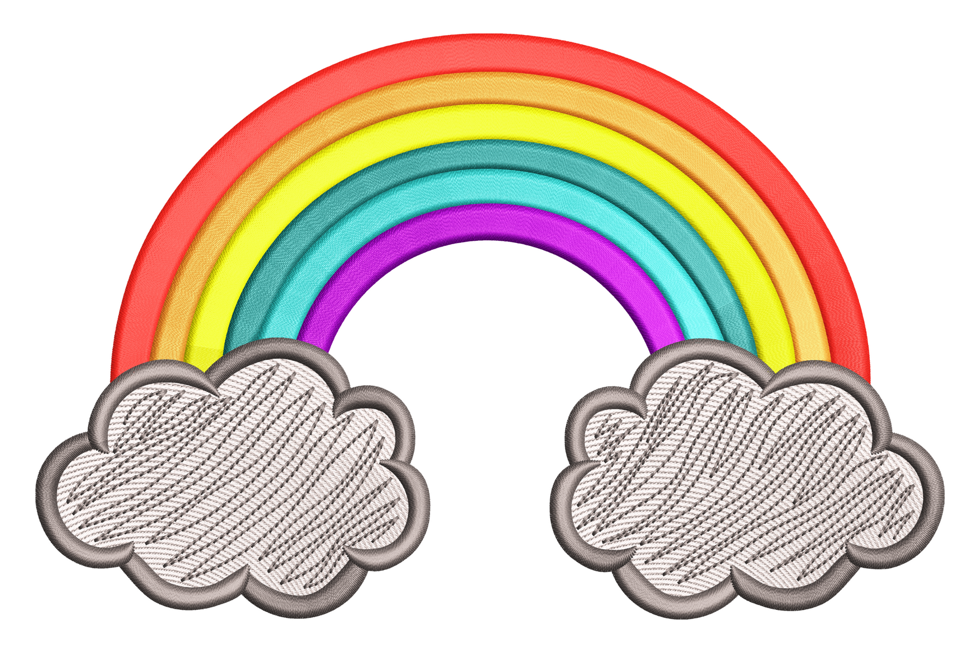 Rainbow cloud embroidery design with five bright satin-filled arcs and soft fluffy clouds at each base end, nursery style.