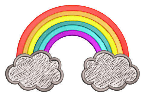 Rainbow cloud embroidery design with five bright satin-filled arcs and soft fluffy clouds at each base end, nursery style.