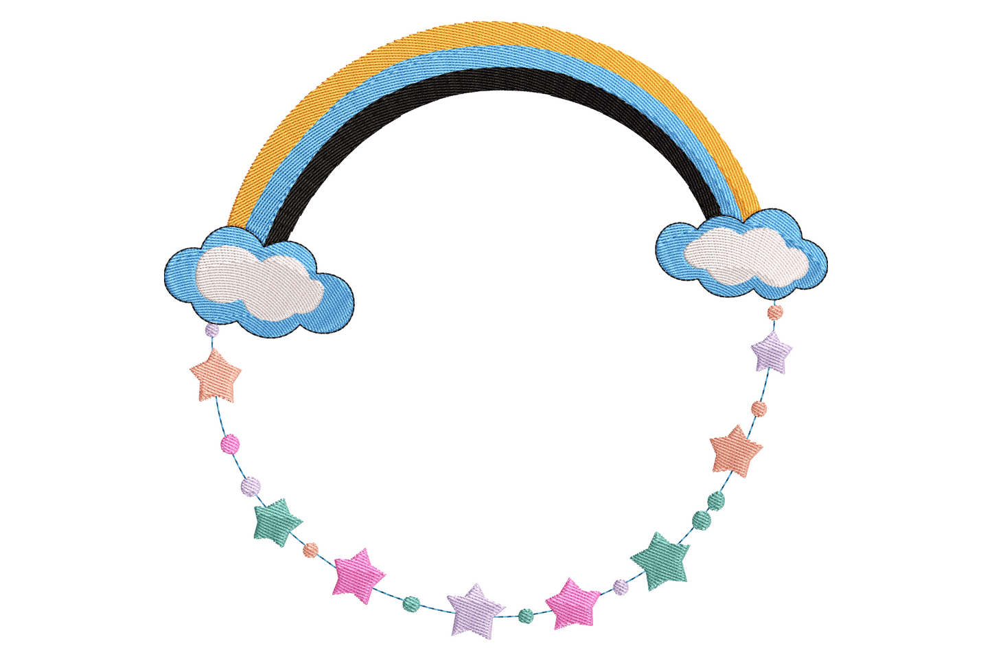 Embroidered rainbow arch on two blue clouds with a circle of small pastel stars hanging beneath in nursery storybook style