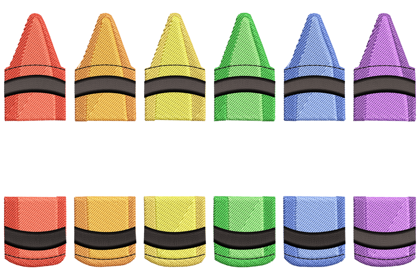 Rainbow crayon set embroidery design with 6 crayons in red orange yellow green blue purple stacked in two rows.