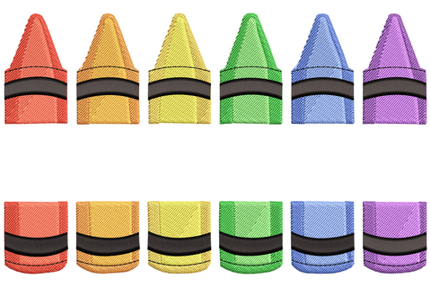 Rainbow crayon set embroidery design with 6 crayons in red orange yellow green blue purple stacked in two rows.