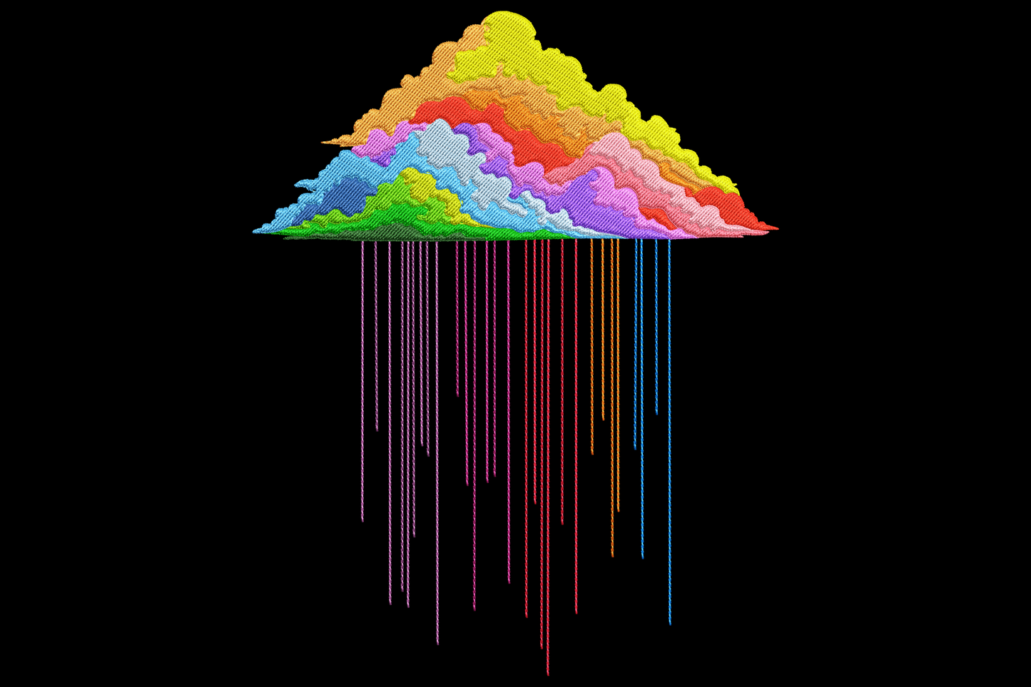 Rainbow dripping cloud embroidery with cross-hatched colour bands in magenta, lime, teal and cobalt with vertical drip lines below.