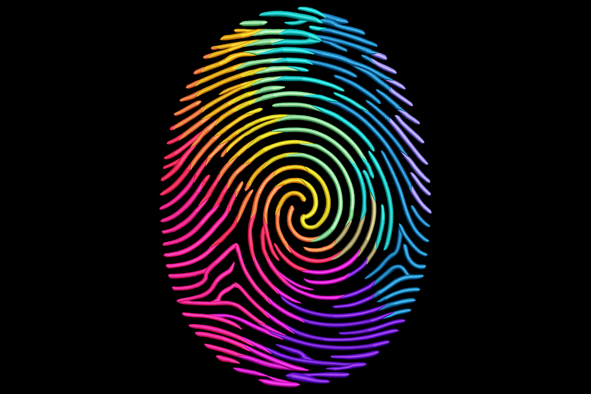 Rainbow fingerprint embroidery with full-spectrum ridge lines spiralling from centre whorl, 12 colours, no outline, contour satin fill.