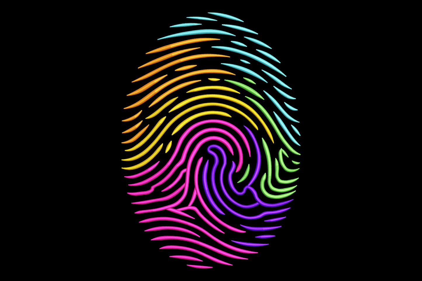 Rainbow fingerprint embroidery with six colour bands red orange yellow green blue and purple flowing through ridge curves