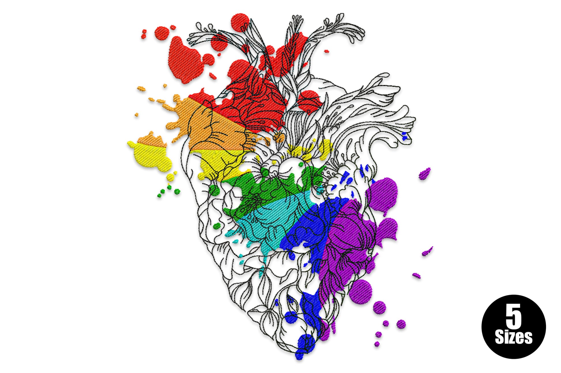Rainbow floral heart embroidery design with 11 colour bands of small flowers filling a heart shape, 5 sizes from 6 to 10 inches wide