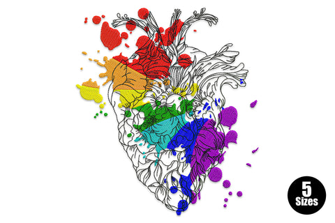 Rainbow floral heart embroidery design with 11 colour bands of small flowers filling a heart shape, 5 sizes from 6 to 10 inches wide