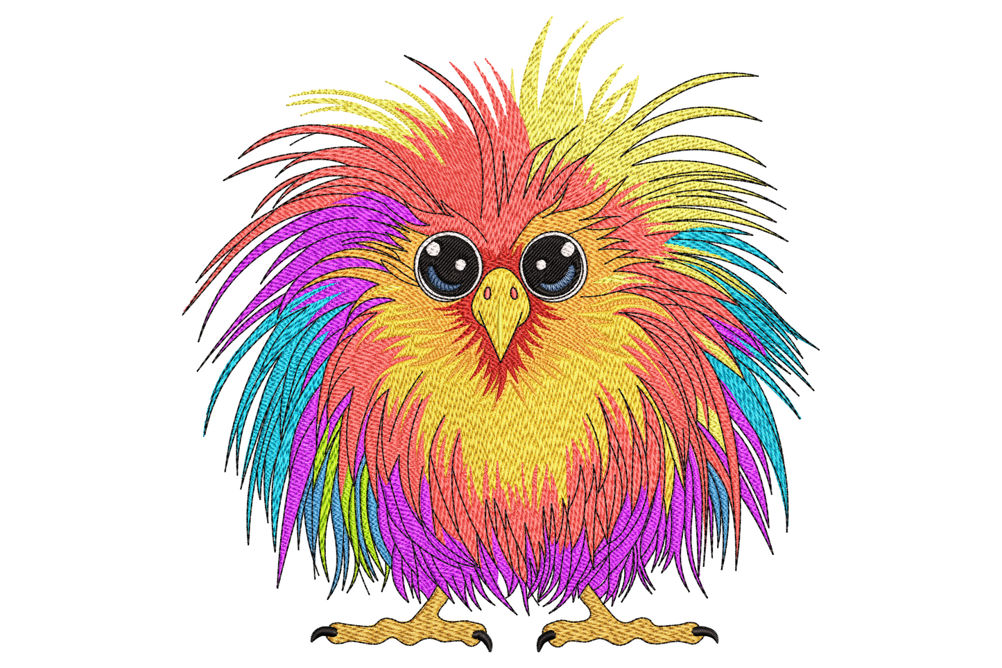 Rainbow fluffy chick embroidery with wild radiating feathers in red, orange, yellow, purple and teal on white background.
