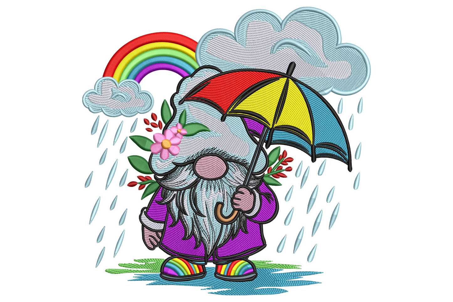 Spring embroidery with smiling gnome in purple raincoat holding rainbow umbrella, raindrops, clouds and a rainbow arc.