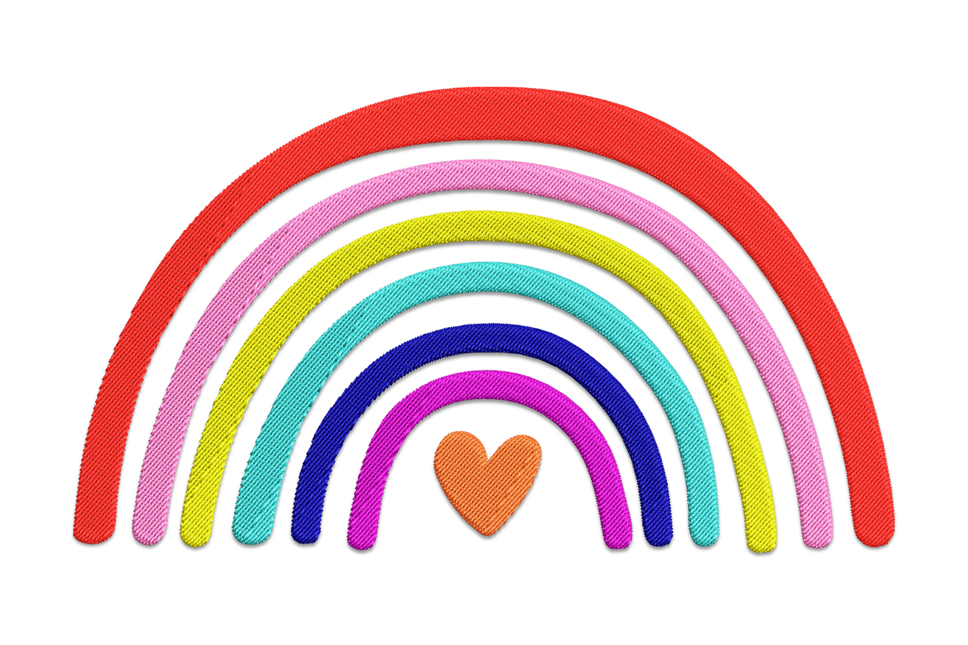 Rainbow heart embroidery built from seven curved vertical stripes in coral, peach, mustard, mint, sky blue, lilac, and berry, tall layout with childlike feel.