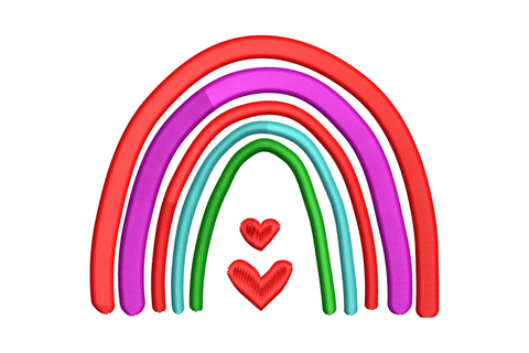 Rainbow hearts arch embroidery design, satin-filled arch in red, dark magenta, aqua and dark green, two small hearts at arch feet, 4 colours, baby nursery style