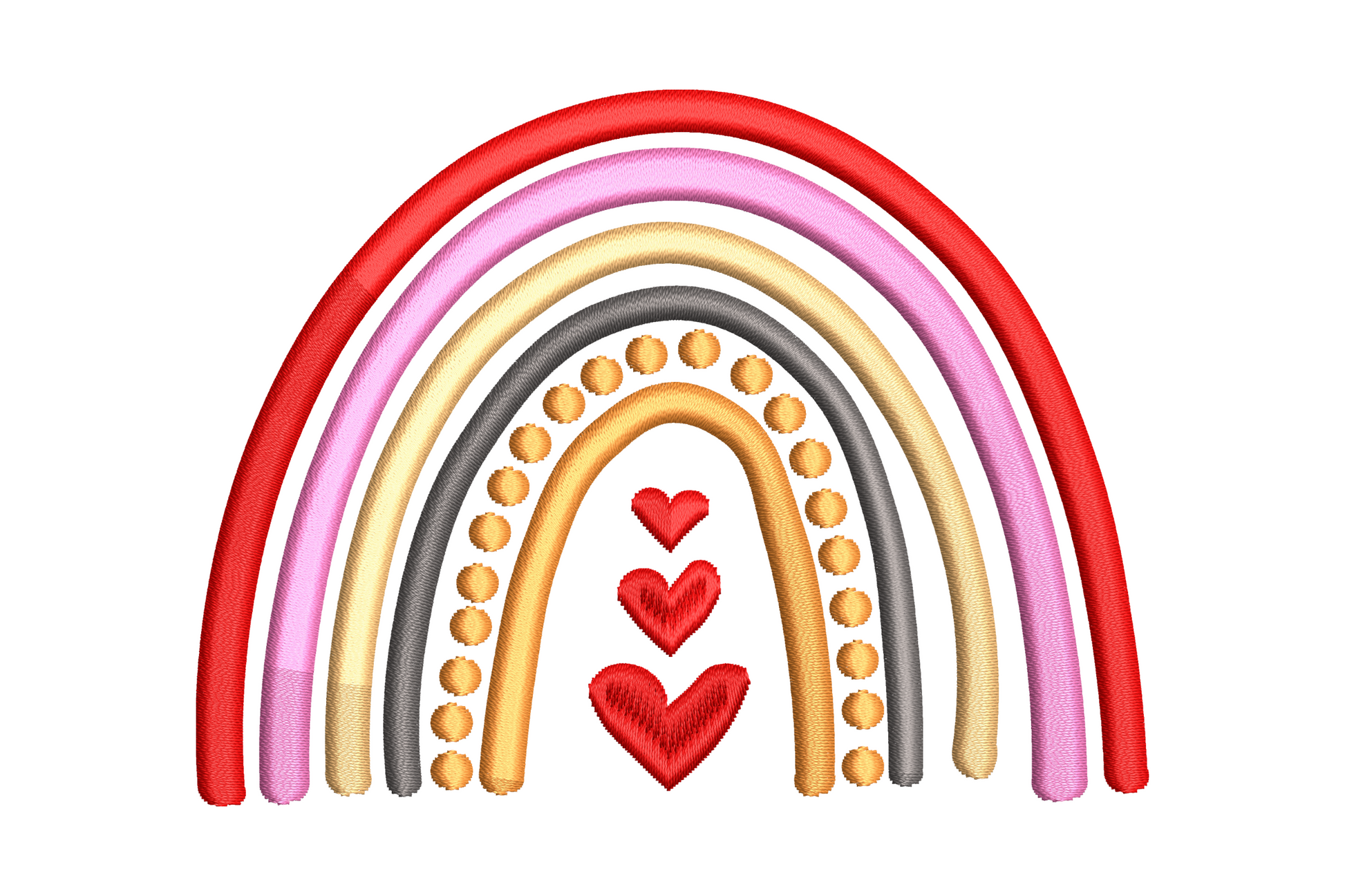 Rainbow hearts embroidery design with 5 filled satin hearts in rainbow colour sequence, 4 sizes from 1.14 to 3.4 inch