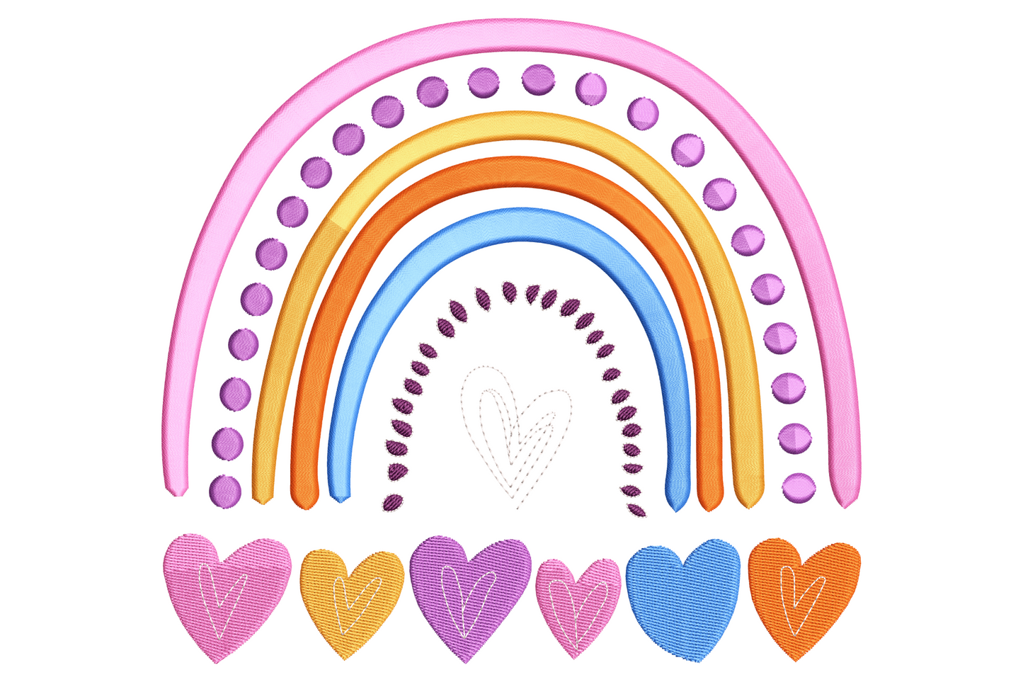 Cluster of overlapping hearts in seven rainbow colours, baby nursery machine embroidery design on white cotton fabric