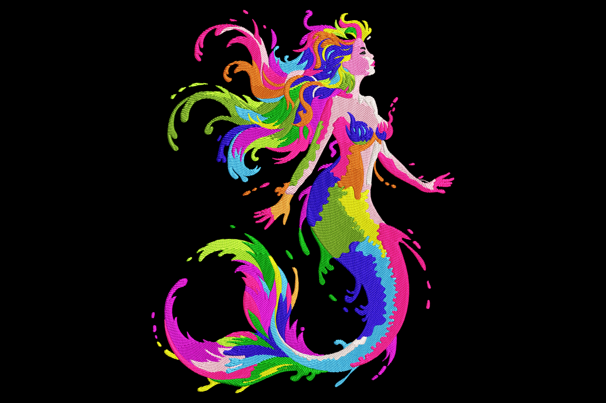 Rainbow mermaid embroidery with neon hot pink, lime, blue, yellow scales, flowing rainbow hair and curling fantasy tail.