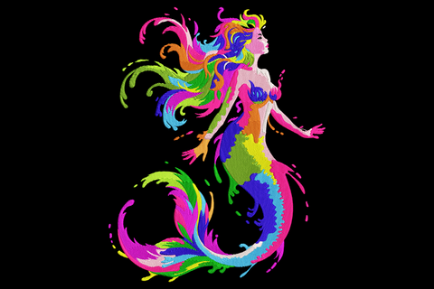 Rainbow mermaid embroidery with neon hot pink, lime, blue, yellow scales, flowing rainbow hair and curling fantasy tail.