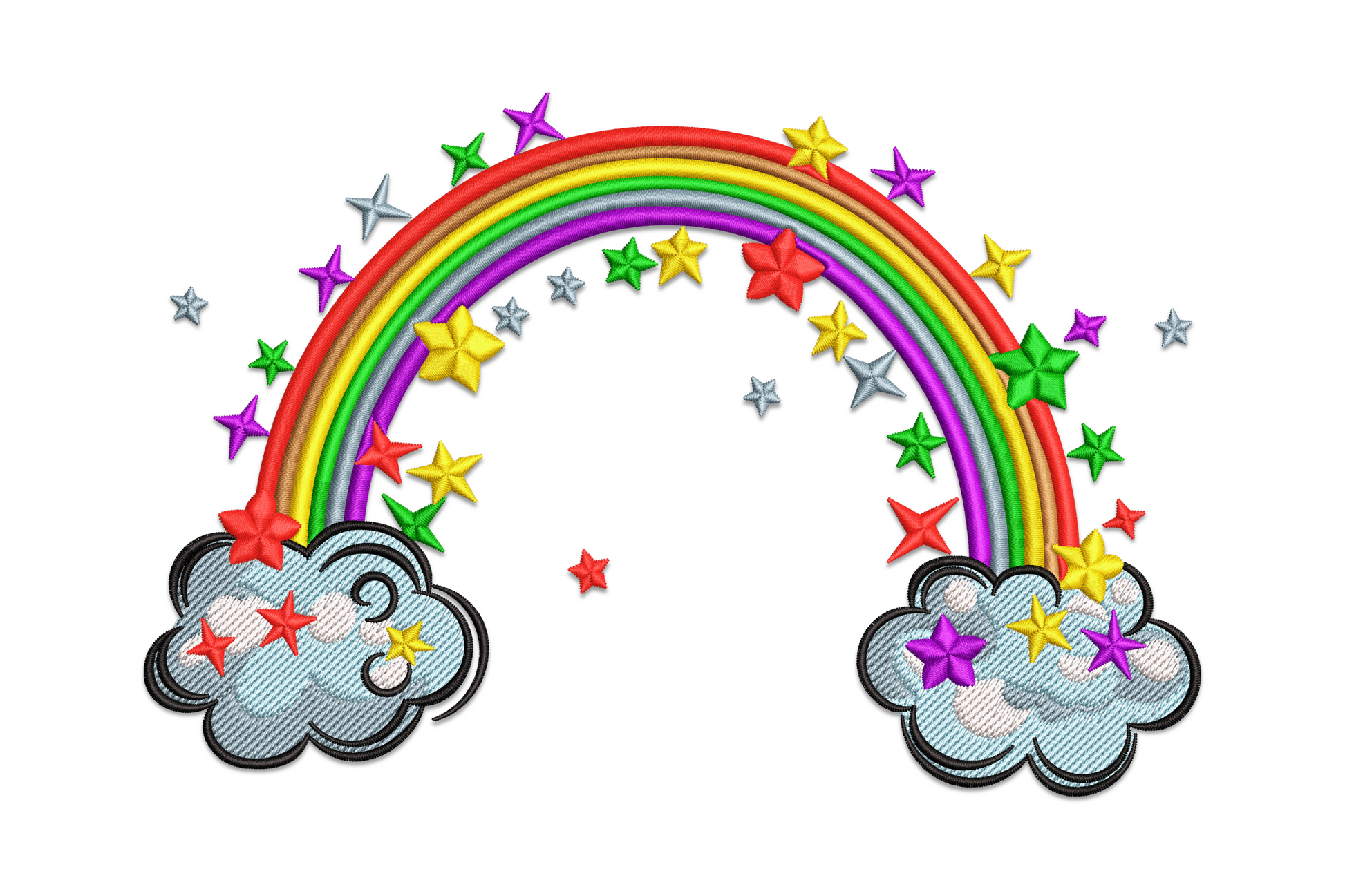 Rainbow embroidery design with six colour bands resting on two grey clouds and around 20 scattered stars floating around it