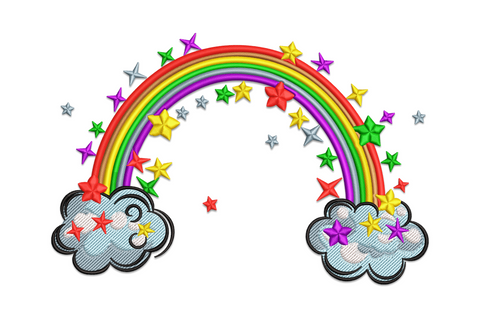 Rainbow embroidery design with six colour bands resting on two grey clouds and around 20 scattered stars floating around it