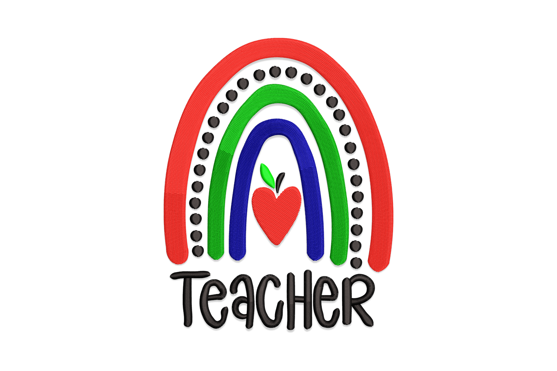 Rainbow Teacher embroidery design, three arcs in red green and navy, dot edging, small red apple at arch base, TEACHER block letters below.