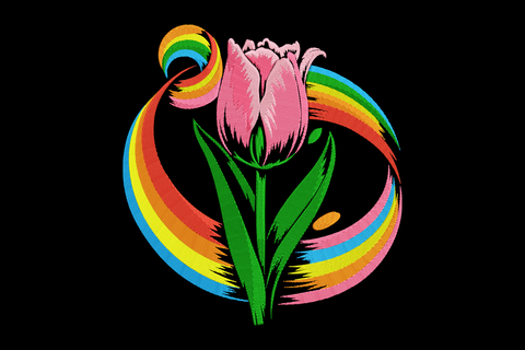 Colorful tulip design with rainbow swirls on a black background