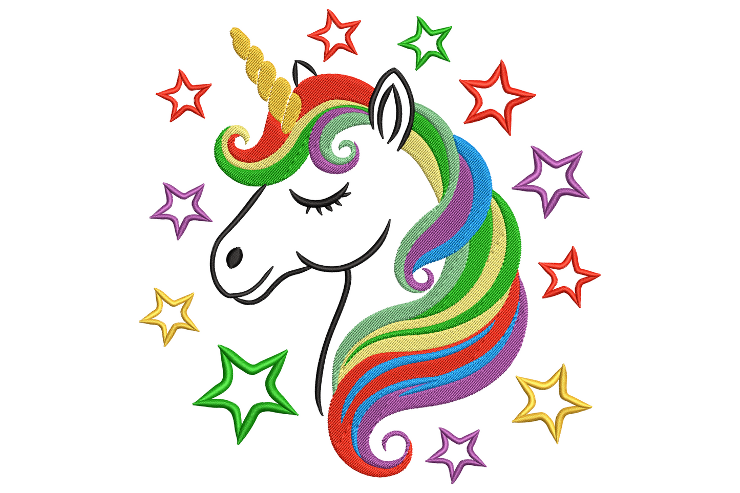 Rainbow unicorn head embroidery design in profile with coral gold mint blue lavender mane stripes, gold spiral horn and scattered cream stars.