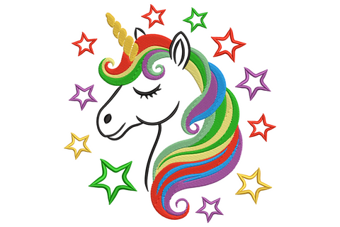 Rainbow unicorn head embroidery design in profile with coral gold mint blue lavender mane stripes, gold spiral horn and scattered cream stars.
