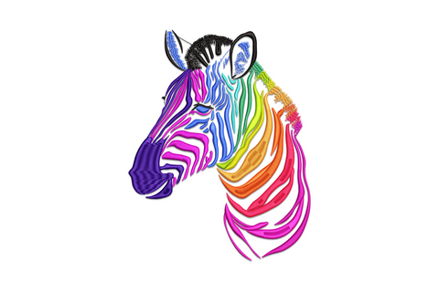Rainbow zebra head embroidery design with multicolour stripes in twelve colours, pop-art wildlife style on white background