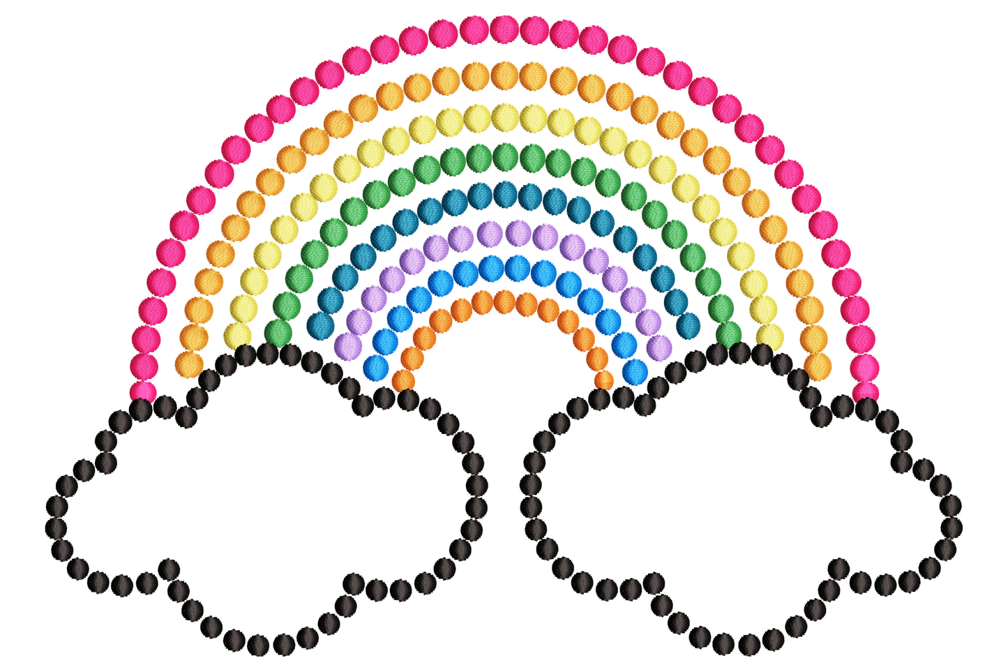 Rainbow embroidery design built from dots with two cloud puffs at the base in 7 colour bands and black outline bobbles