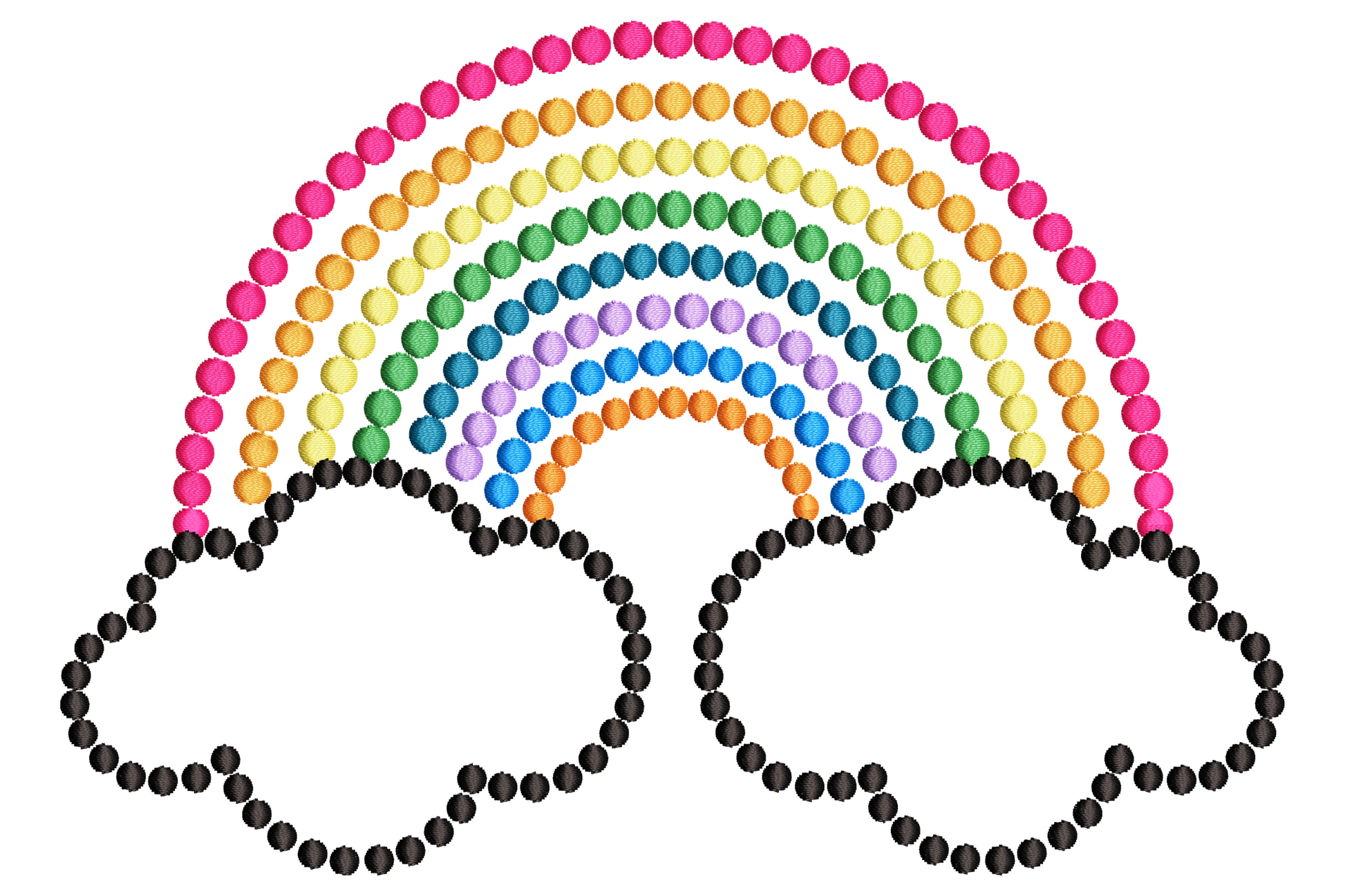 Rainbow embroidery design built from dots with two cloud puffs at the base in 7 colour bands and black outline bobbles