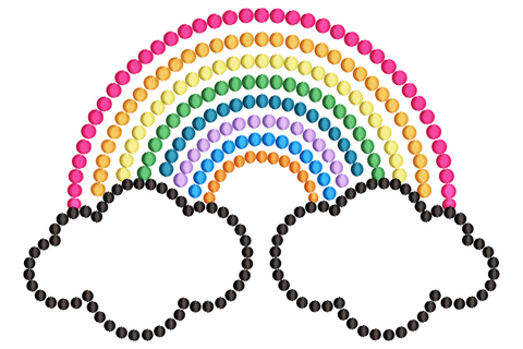 Rainbow embroidery design built from dots with two cloud puffs at the base in 7 colour bands and black outline bobbles