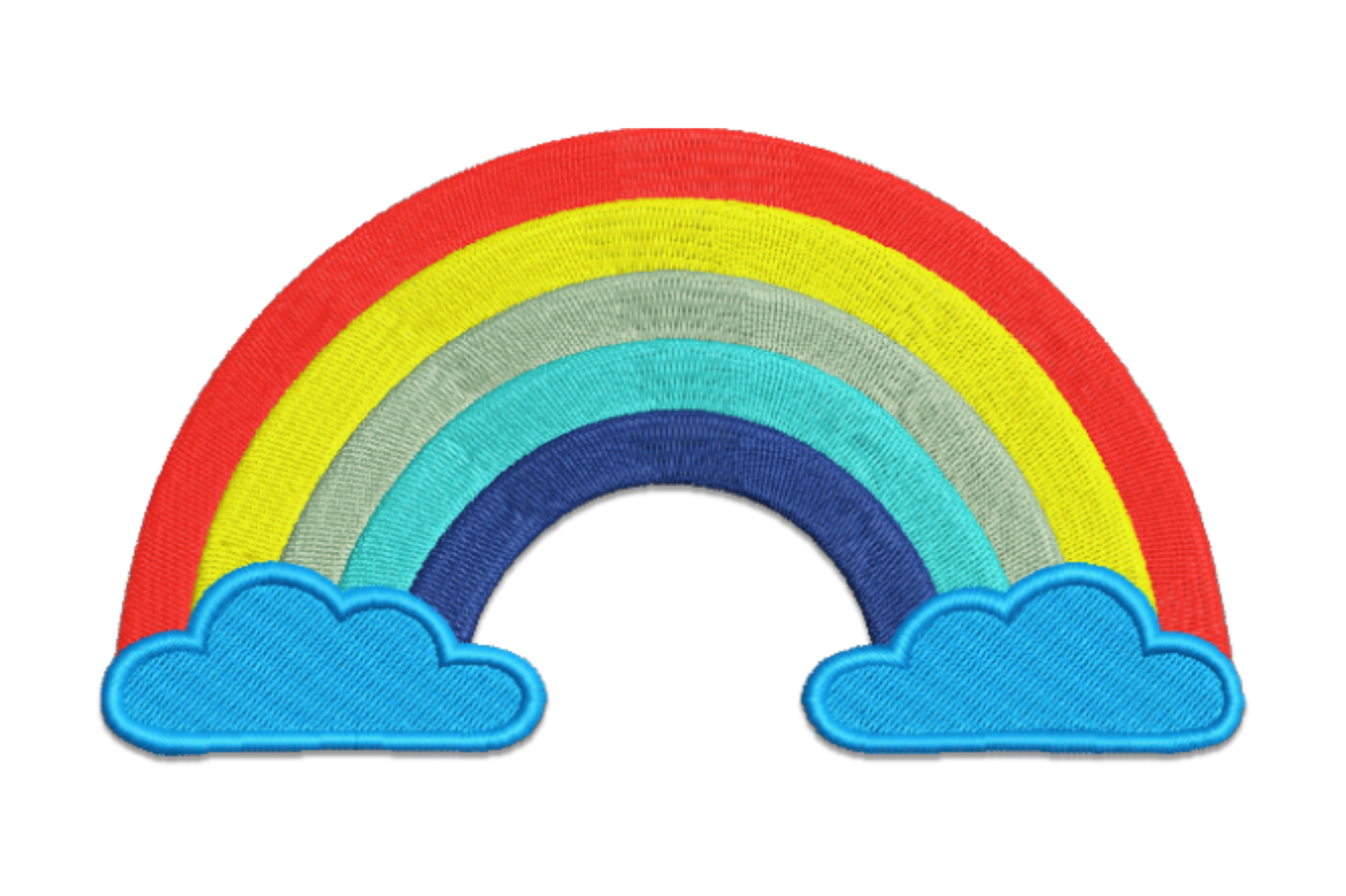 Rainbow with clouds embroidery design, 6-colour arch with red, yellow, celadon, aqua and navy bands over two blue clouds