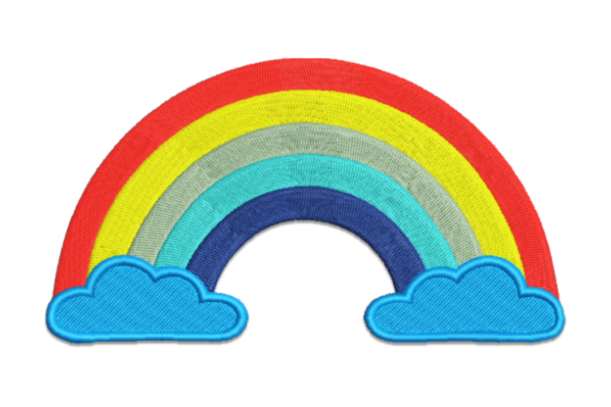 Rainbow with clouds embroidery design, 6-colour arch with red, yellow, celadon, aqua and navy bands over two blue clouds