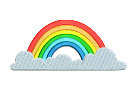 Rainbow with clouds embroidery design, 5-colour smooth satin arc in coral, yellow, green and teal over a puffy pearl grey cloud base.