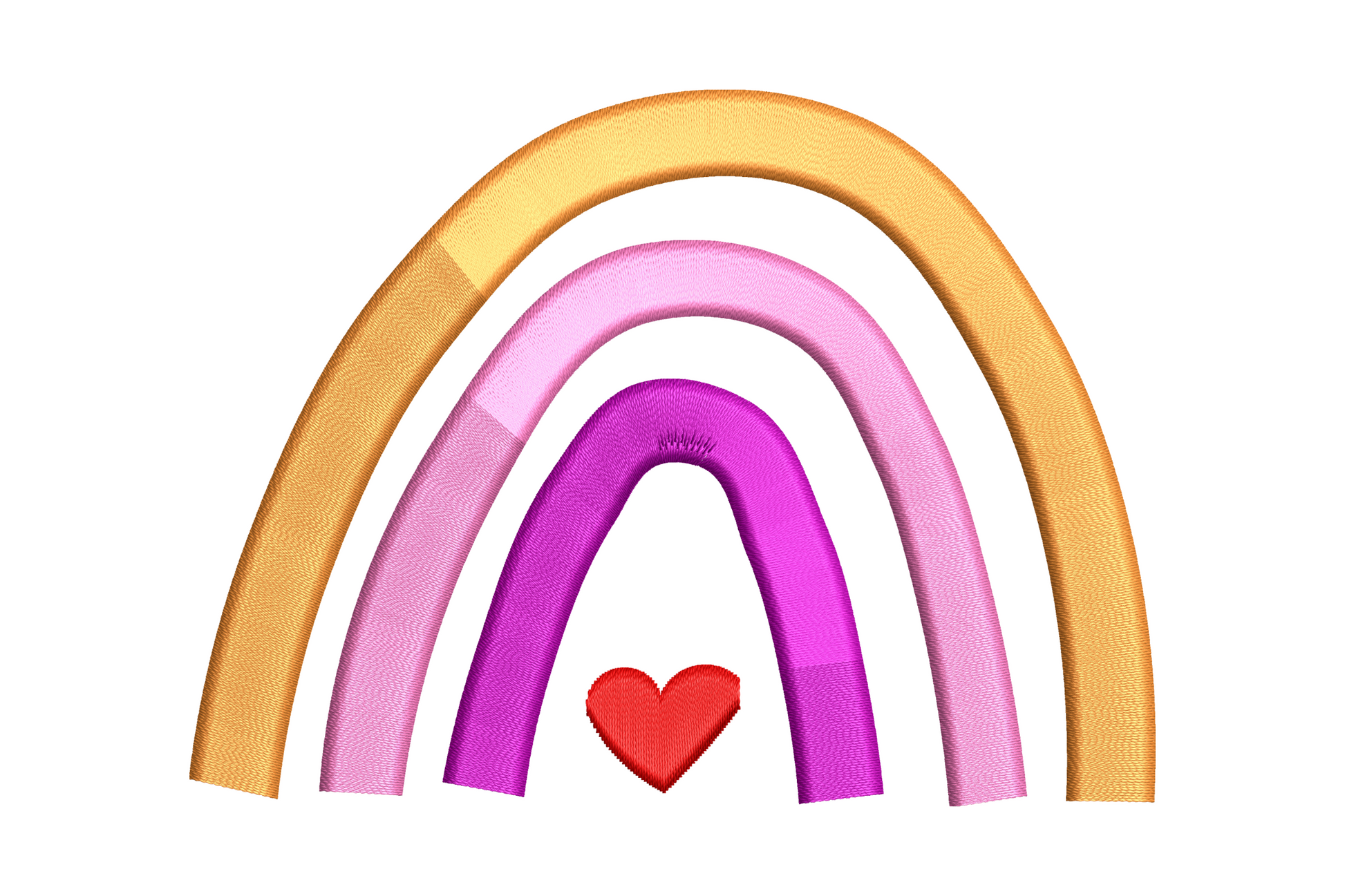 Rainbow arc embroidery design with four colour bands and a small heart at the base, shown on white fabric background, 4 sizes from 1.12 to 3.35 inches