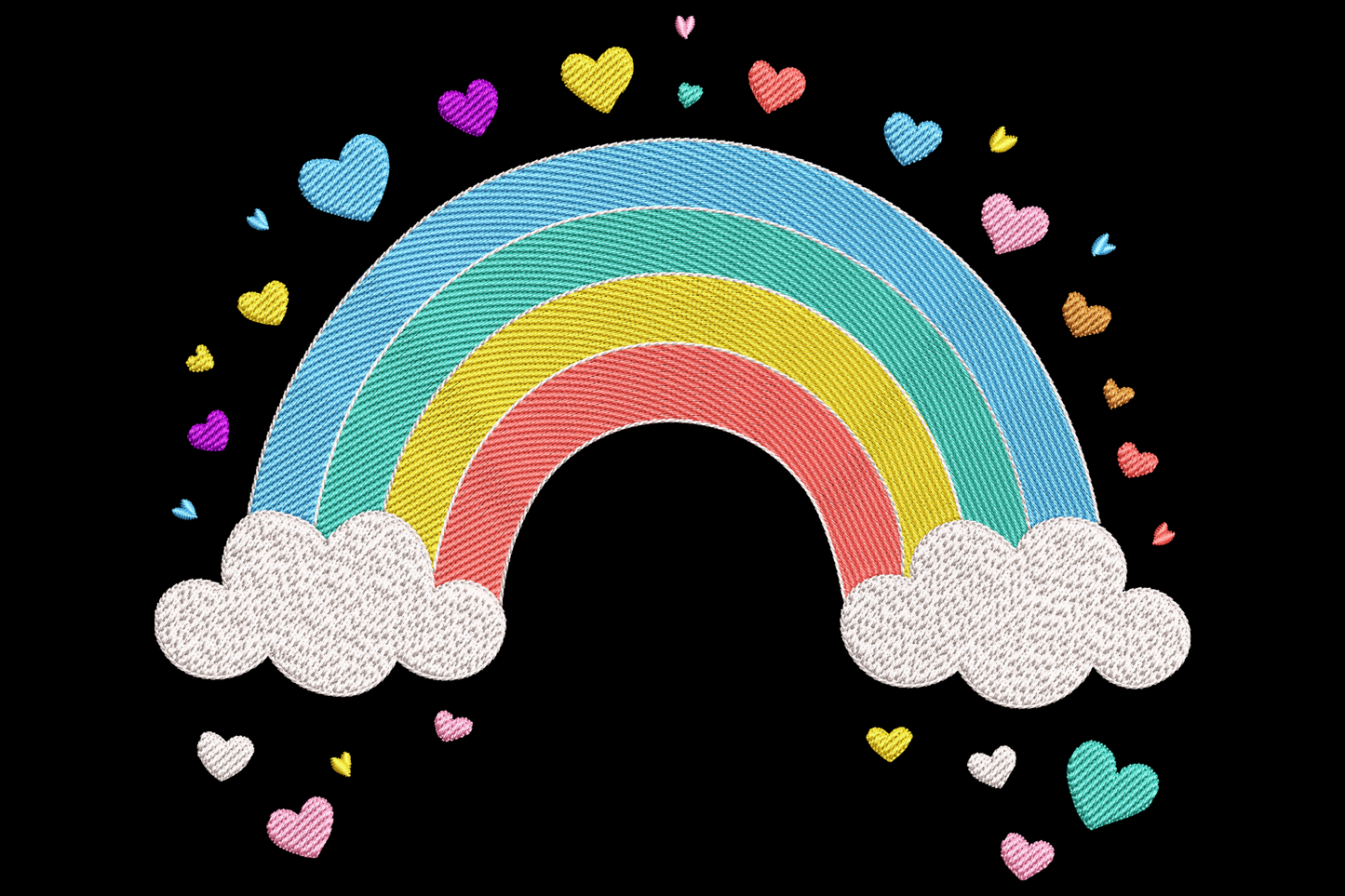 Rainbow with hearts embroidery design, pastel arch with blue mint yellow and coral stripes on fluffy white clouds.
