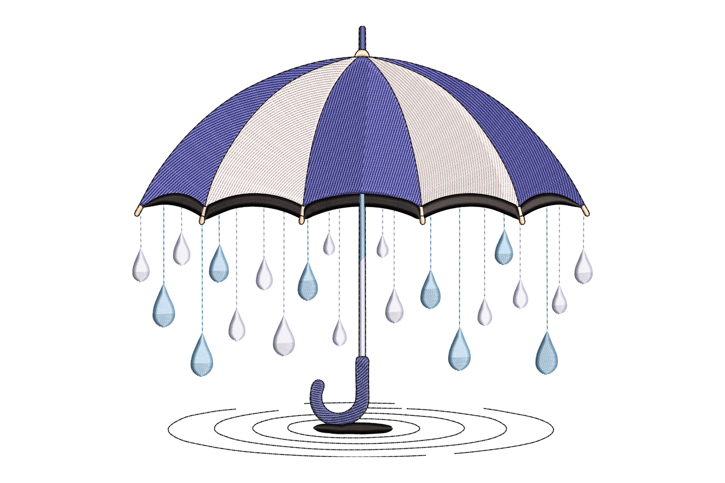 Blue and white umbrella with raindrops falling embroidery design
