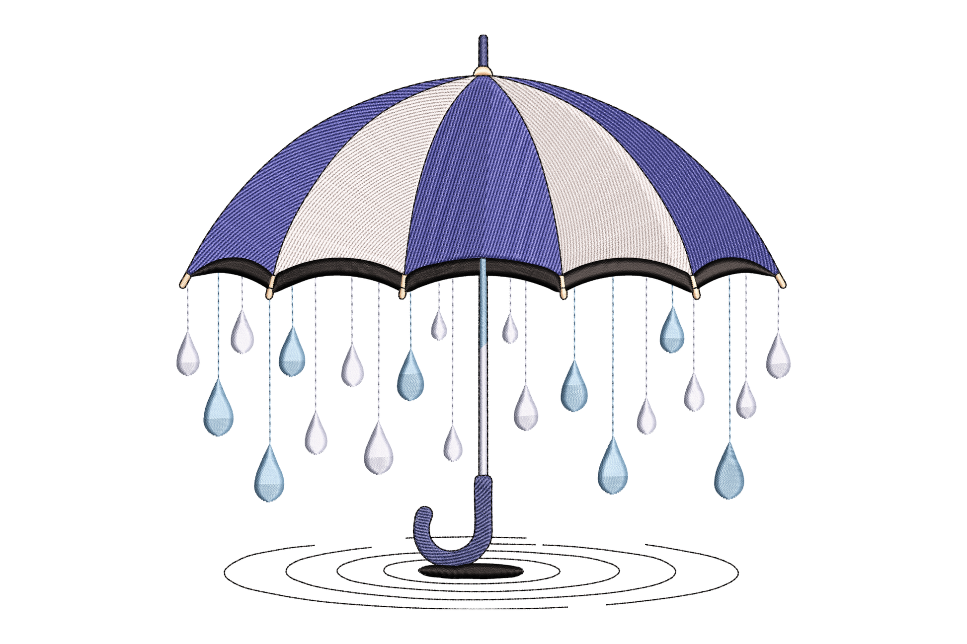 Blue and white umbrella with raindrops falling embroidery design